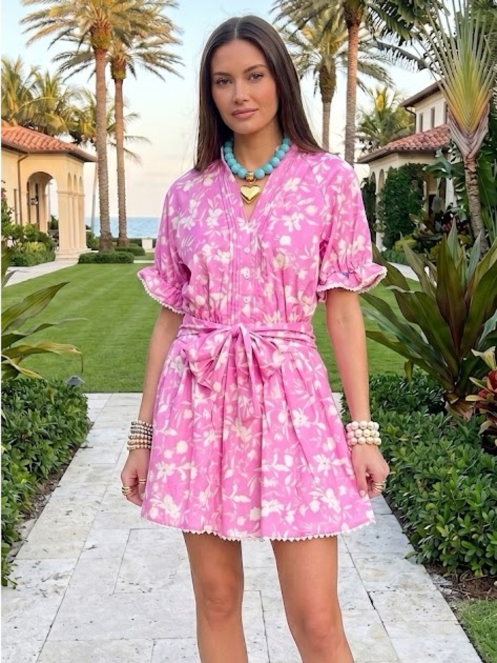 Pink Floral Self-Tie Mini Dress